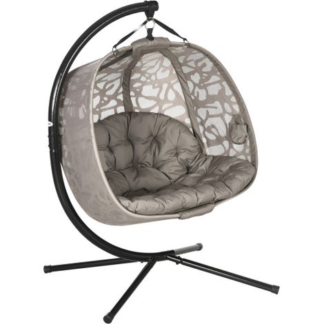 Fauteuil suspendu 2 places couleur sable avec coussin, balancelle suspendue pliable, charge maximale 240 kg, en polyester et acier – 1 pièce, livraison sur place (1/5)
