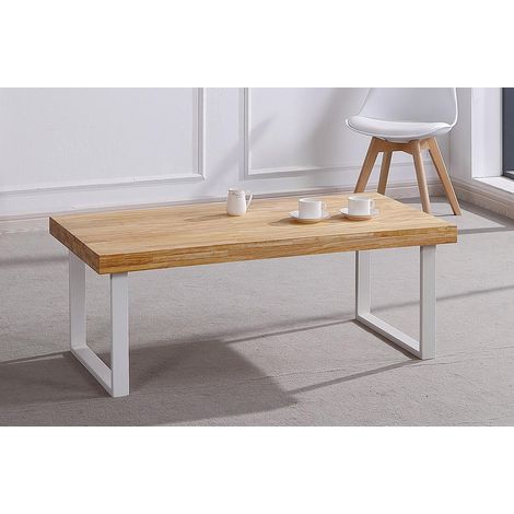 Pegane – Table basse fixe en bois chêne nordique – Pieds métal blanc – Longueur 120 cm x profondeur 60 cm x hauteur 43 cm – Épaisseur plateau 54 mm
