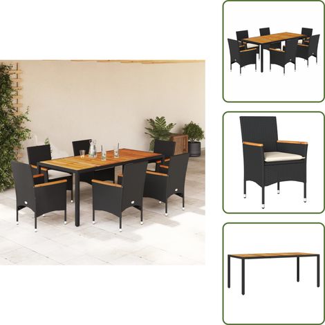 The Living Store 7-tlg. Garten-Essgruppe mit Kissen Schwarz Poly Rattan Akazie - Gartentisch - Gartenmöbelset - Esstisch - Outdoor Möbel - Terrassenmöbel (1/5)