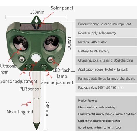 Ultraschall-Katzenabwehrgerät, wasserdichtes, solarbetriebenes Katzenabwehrgerät mit einstellbarer Frequenz – mit Alarm und Blinklichtern zur Abschreckung von Katzen (1/4)