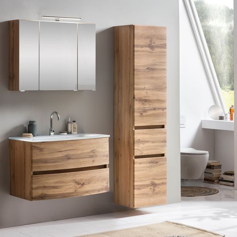 Badezimmer Waschtisch Kombi LAURIA-03 in Wotaneiche Nb. mit Glasbecken weiß, BxHxT: ca. 140x200x49 cm (1/5)