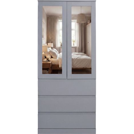 Vida Designs Denver 2 Door 3 Drawer Mirrored Wardrobe, Grey (1/5)