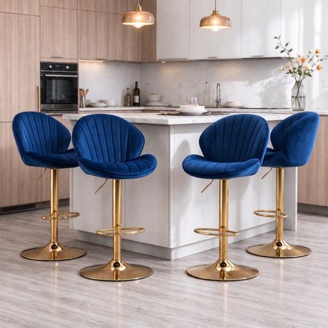 Wahson Tabouret de Bar Lot de 4 Chaise de Bar Réglable Tabourets Hauts avec Dossier pour Bar Cuisine, Velours, Bleu (1/5)