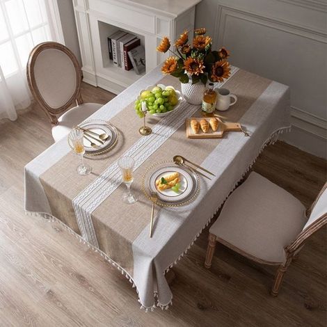 Nappe Rectangulaire Anti Tache,140x220cm Coton Lin Table Cover Cloth Cotton Tablecloth Decoration pour Maison Table de Cuisine,Beige