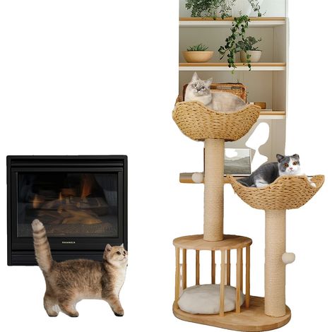 Katzenbaum, drei Ebenen, weiches Kissen und Kratzbaum, Naturholz (1/2)