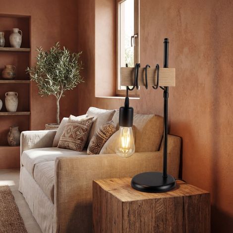 Nachttischleuchte Metall E27 geflammtes Holz Schwarz Retro Design Nachttischlampe