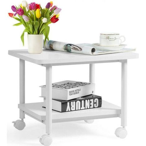 2 Tier Wooden Printer Stand with 360° Swivel Casters-White (1/5)