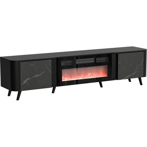 Vicino TV-Ständer, Wohnzimmer-Sideboard mit zwei Flügeltüren und elektrischem Kamin, vom Boden abgehoben, 191x40 h58 cm, Marmor und Schwarz (1/4)