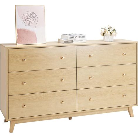 Glissement fluide, commode 6 tiroirs en bois clair avec anti-basculement, meuble de rangement pour chambre (1/5)