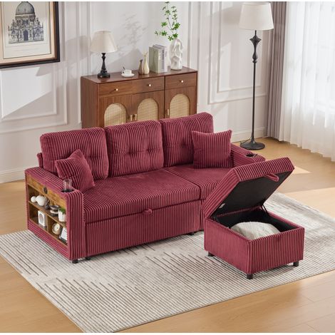 Divano letto 3 posti in velluto a coste con contenitore, USB-C e LED, bordeaux DESVIAE (1/5)