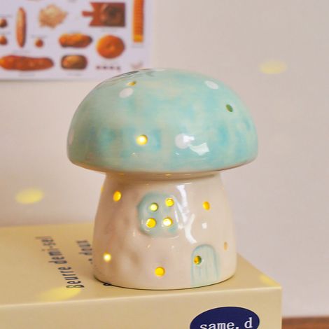 Lampe champignon bleue, lumière chaude, veilleuse champignon en céramique créative, lampe décorative LED pour chambre et (1/5)