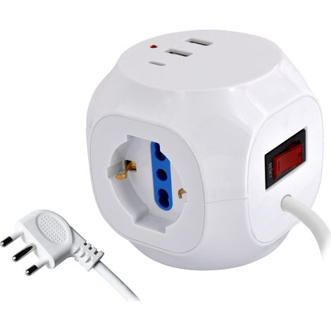 Multiprise Cube 3 Prises Schuko 2 Usb-A 1 Usb-C Pd 3500W Câble 1,5M Interrupteur Lumineux Format Compact Noir Multiprise Design Efficace (1/3)