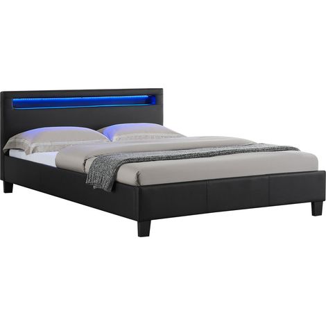 Idimex – Lit double noir 140x190 cm avec éclairage LED – Tête de lit rembourrée – Structure robuste avec sommier à lattes (1/4)