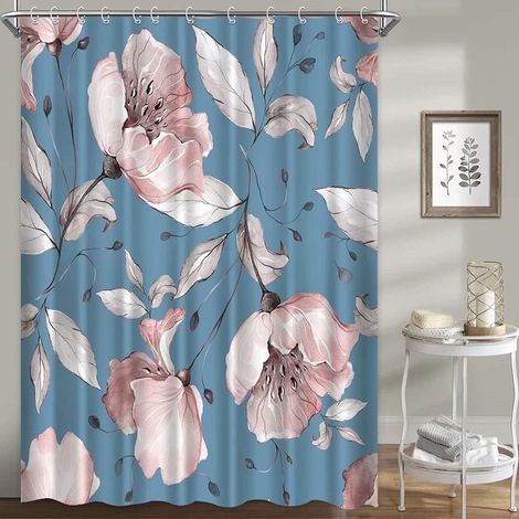 Rideau de douche fleuri - Bleu - Roses gris roses sur fond bleu - 1 pièce - Salle de bain (1/5)
