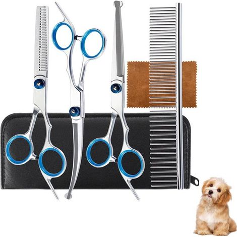 Hundeschere – 4-teiliges Set – Tierschere – Hundeschere-Set – Tierschere – Hundepflegeschere – Effilierschere – Ergonomisch – Haarpflege – Effilierschere – Elektrische Hundeschermaschine – Pflegescher