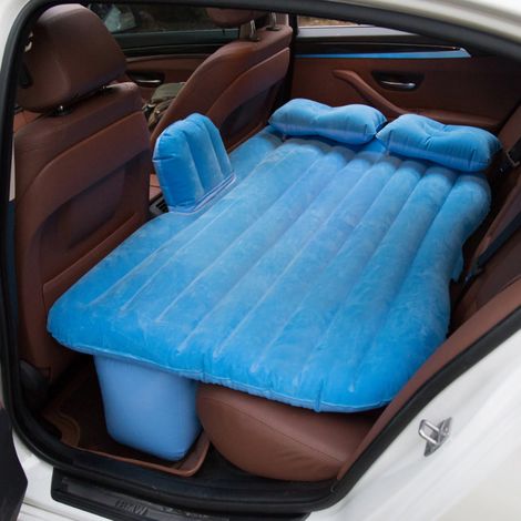 Tapis de couchage gonflable pour voiture, matelas auto portable avec pompe, lit de voyage en velours bleu pour camping SUV RV camion (1/3)
