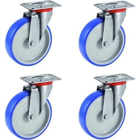 Lot de 4 roulettes pivotantes polyuréthane BLEU-SOFT® 80 mm - 225 Kg (1/2)