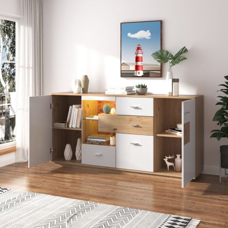 Okwish – Buffet blanc 4 portes 3 tiroirs – Éclairage LED 15 couleurs – Dimensions 160x40x77 cm – Panneaux de particules – Style moderne