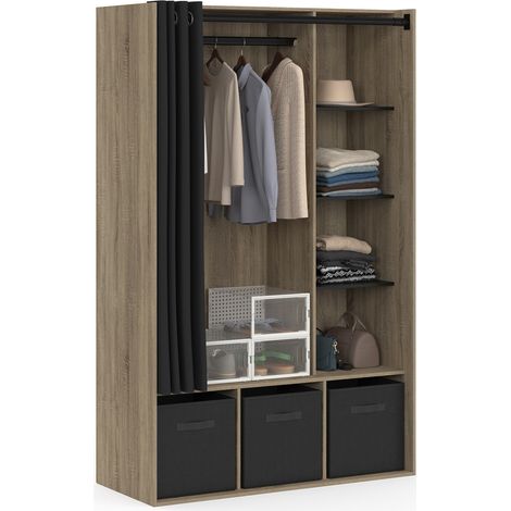 Idmarket – Dressing penderie DIANE 105 x 45 x 167 cm hêtre – 4 étagères spacieuses – 3 boîtes de rangement – Rideau noir pour protection