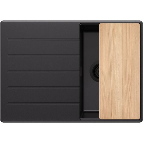PRIMAGRAN Evier Cuisine en Granit 70x50cm, Lavabo 1 bac + Kit de Vidage + Planche à Découper, Évier à Encastrer au meuble 40cm - Copenhague, Tout Noir (1/5)