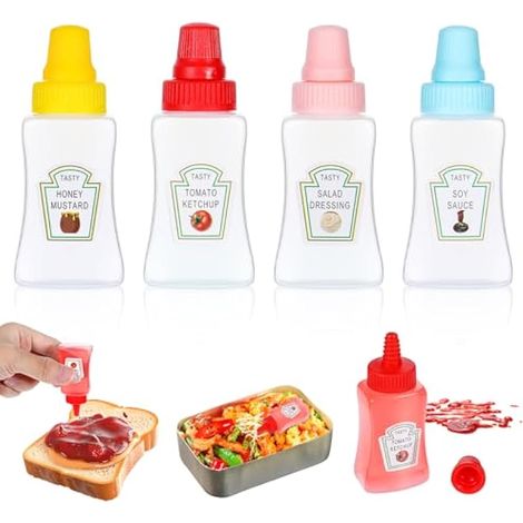 4 bouteilles mini ketchup de 25 ml, flacons doseurs à condiment avec bouchon à vis solide, distributeurs portables pour sauce, miel, vinaigrette, accessoires de lunch box pour enfants et adultes. (1/5)