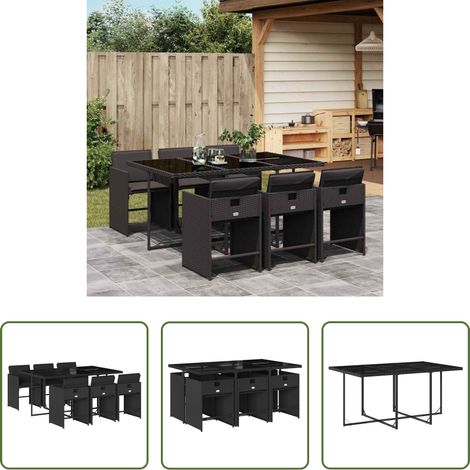 vidaXL Gartenstuhl - 7-tlg. Garten-Essgruppe mit Kissen Schwarz Poly Rattan (1/5)