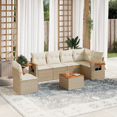 Salon de jardin 7 pièces en résine tressée beige avec coussins amovibles – Table acacia, sièges modulaires et accoudoirs gaz (1/5)