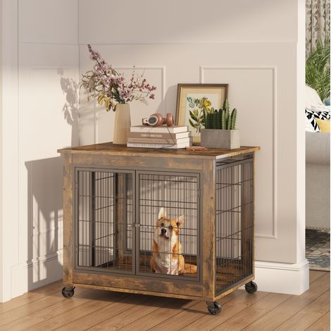 Jaula para perro estilo mueble con doble puerta, techo abatible y ruedas, marrón y negro DESVIAE (1/5)