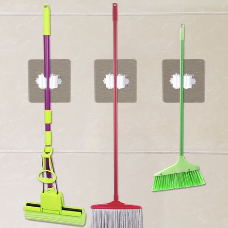 Fixation murale adhésive pour balai, serpillière et parapluie, crochets solides, support mural sans perçage, organisateur d'outils de nettoyage, lot de 2. (1/5)