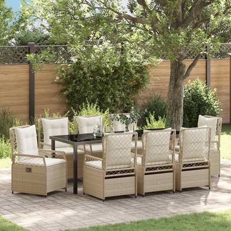 Garten Essgruppe 9 pcs Beige und Cremeweiß Poly-Rattan
