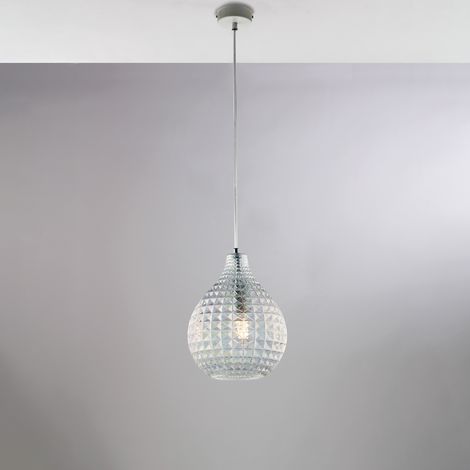 Sospensione in ferro laccato bianco e montatura cromo con cavo elettrico regolabile e diffusore in vetro soffiato trasparente con decoro effetto cristallo 1 luce H.32 - MAX 132 - Ø21