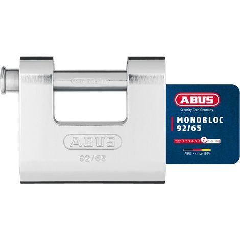 Cadenas Monobloc 92/65 - Cadenas en laiton avec gaine en acier - pour automates, grilles à enroulement, etc. - avec goujon épais - niveau de sécurité 7 - argent (1/5)