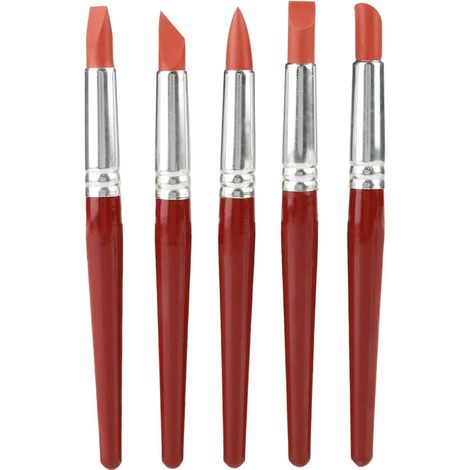 Set de 5 Brosses pour Sculpture - Manche en Bois - Tête en Silicone - 18 cm - Pour Argile Céramique Peinture à l'huile - Lot de 5 (1/5)