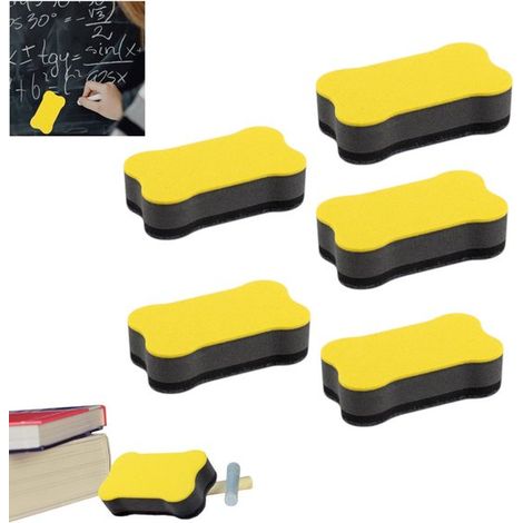 Lot de 5 effaceurs magnétiques pour tableau blanc, jaunes, pour le bureau et la salle de classe. Dimensions : 7 x 4 x 2 cm. (1/5)