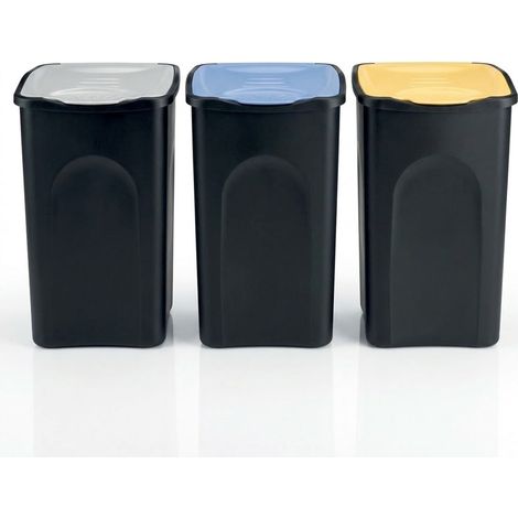 Set 3 Bidoni CAPIENTI 50 LITRI per la Raccolta Differenziata per Casa e Ufficio Pattumiere con Coperchi Colorati BIANCO GIALLO BLU Secchi Spazzatura Modulari Salvaspazio (1/5)