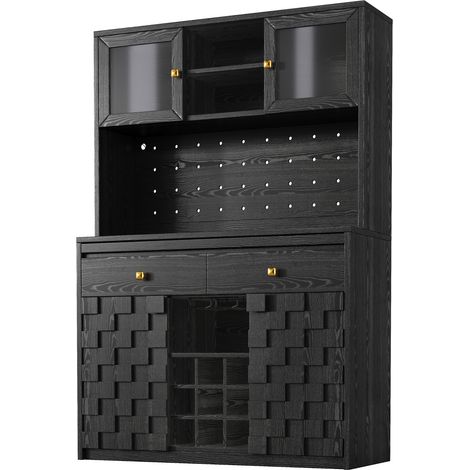 Hoher Küchenschrank schwarz aus MDF und Acryl mit LED, USB-Anschlüssen, verstellbaren Böden (1/5)