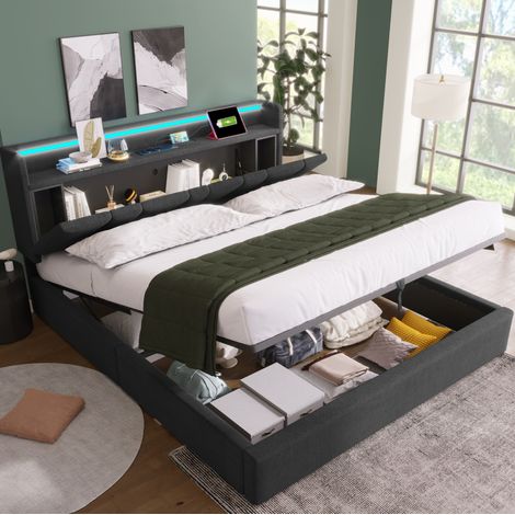 MODFU – Cama de matrimonio 140x190 cm de lino, madera y metal con LED RGB, USB y Type-C, cabecero con almacenamiento, arcón hidráulico y carga 181 kg – Gris (1/5)