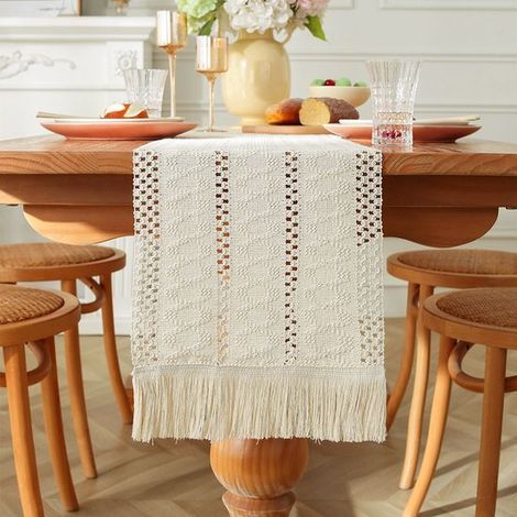 Runner da tavola in lino, cotone e lino, in stile boho, morbido runner da tavola da cucina con nappe, lavabile, per matrimoni, feste, decorazioni per case di campagna. (1/5)