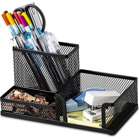 Boîte de rangement de bureau en maille avec porte-stylo, 3 compartiments, noire