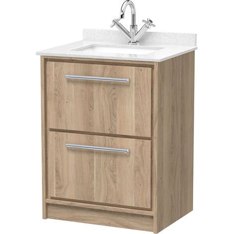 Longnor 2 Drawer Floor Standing Vanity Unit with Square Basin and Marble Worktop, Light Oak, 600mm
