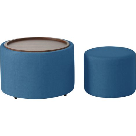 Juego de 2 pufs nido con almacenamiento de lino azul y bandeja de madera, 58 cm (1/5)