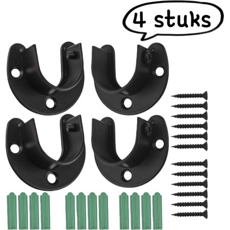 Support de tringle à vêtements en 4 parties - Support de tringle en acier inoxydable renforcé - Support de tringle noir - Tube rond en acier avec bride ouverte - 32 mm - Noir (1/5)