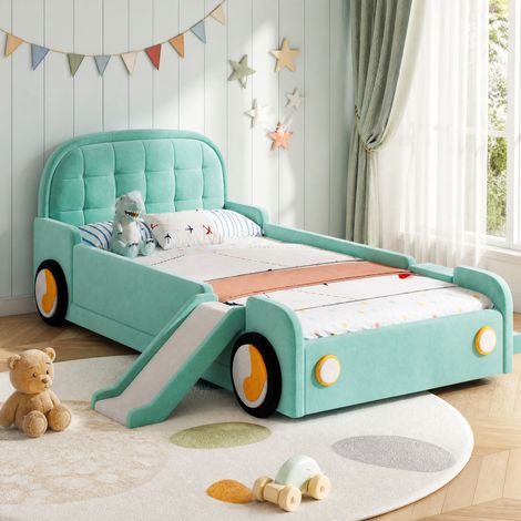 Cama infantil 90x200 cm diseño coche azul verdoso con tobogán, escalera y laterales acolchados (1/5)