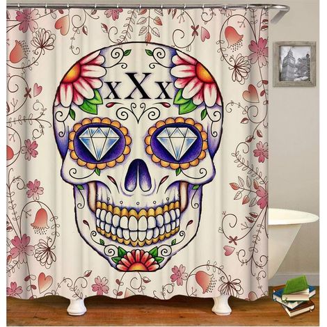 Rideau de Douche 90x180CM 3D Imprimé Anti Moisissure Impermeable Fleur Crâne Tête de Mort pour Baignoire et Salle de Bains (1/4)