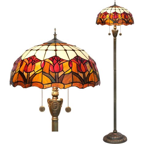 Floor Lamp Red Tulip Stained Glass Floor Lamp Bright Lighting Rustic Floor Lamp Unique Vintage Bronze Reading Lamp for Home Decor Living Room Bedroom (1/5)
