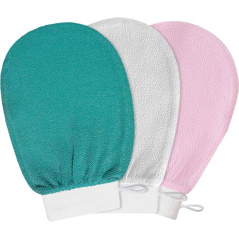 3pcs Exfoliating Gloves, Bath Gloves, Shower Gloves, Body and Leg Scrub Gloves, Bath Accessories for Removing Dead Skin for Body - White, Green, Pink (1/5)