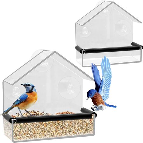 Mangeoire à Oiseaux Transparente en Acrylique pour Fenêtre avec Ventouses Fortes et Perchoir Maison d'oiseaux Extérieure
