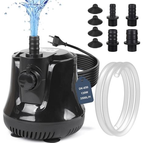 Pompe à Eau Submersible 130W 3500 L/H, Pompe d'aquarium Silencieux Pompe de Fontaine avec Interrupteur Réglable 4 Buses 1,6M Tuyau Flexible, Haut Débit Pompe pour Bassin, Étangs, Jardin (1/5)