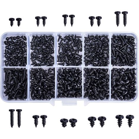 500Pcs Kit d'Assortiment de Vis Autotaraudeuses à Tête Ronde en Acier Au Carbone, 10 Taille Noir à Tête Fraisée à Empreinte Cruciforme Vis Avec Boîte De Rangement Pour Bois Plastique, Métal Mou (1/5)