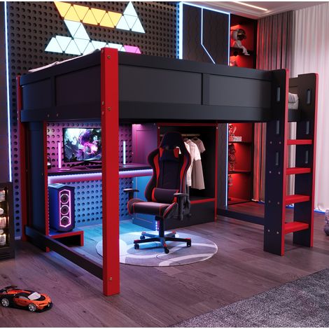 Letto a soppalco 140x200 cm in pino nero/rosso con scrivania, armadio, LED e scala (1/5)